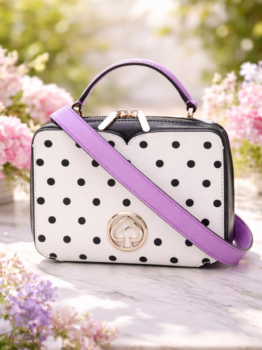 Kate Spade Cabana Polka Dot Crossbody Bag in White and Lavender - Picture 3 of 16